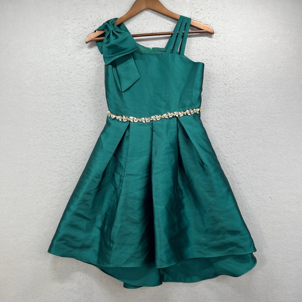 Rare Editions Dress Girls 12 Green One Shoulder Bow Rhinestone Fit Flare Party